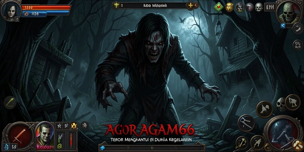 Screenshot gameplay AGAM66 menampilkan suasana mencekam dan efek visual yang menakutkan.